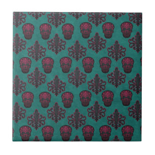 CARREAU EN CÉRAMIQUE CRÂNE DAMASK ROSE CHAUD SUR TEAL