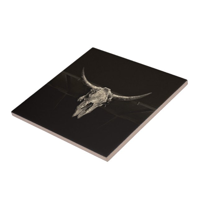 Carreau En Céramique Crâne rustique de buffle de sépia avec des klaxons (Côté)