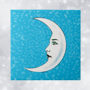 Carreau En Céramique Croissant de lune blanc vintage visage étoiles bla