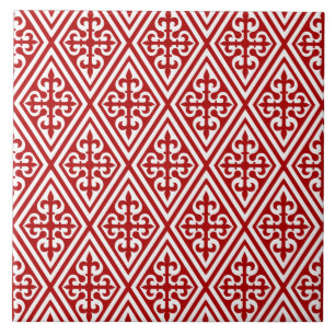 Carreau En Céramique Croix médiévale Damask - Rouge profond et blanc