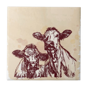 Carreau En Céramique Croquis d'aspiration de main de deux vaches et cru