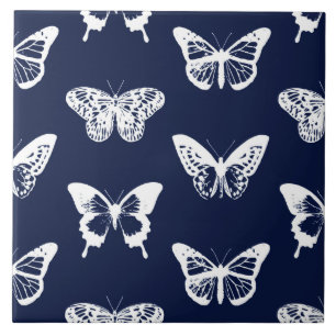 Carreau En Céramique Croquis de papillon, bleu marine et blanc