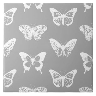 Carreau En Céramique Croquis de papillon, gris argenté et blanc