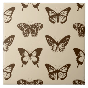Carreau En Céramique Croquis de papillon, marron chocolat sur beige