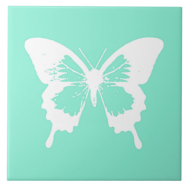 Carreau En Céramique Croquis papillon, aqua et blanc (Devant)