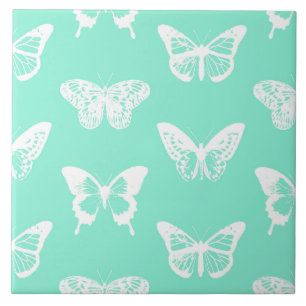 Carreau En Céramique Croquis papillon, aqua et blanc