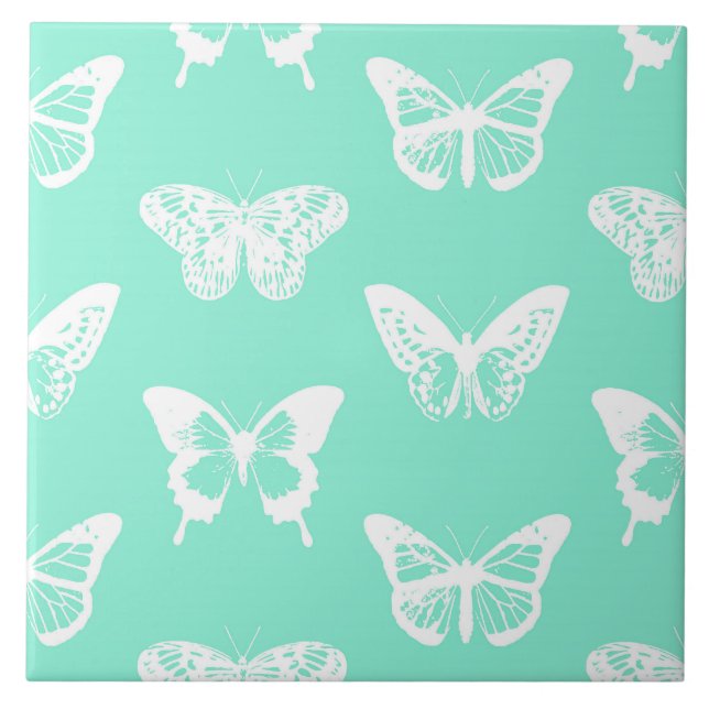 Carreau En Céramique Croquis papillon, aqua et blanc (Devant)