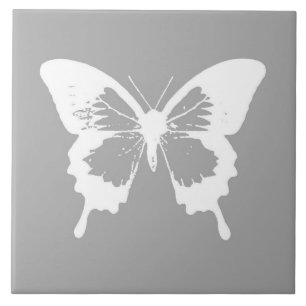 Carreau En Céramique Croquis papillon, gris argenté et blanc