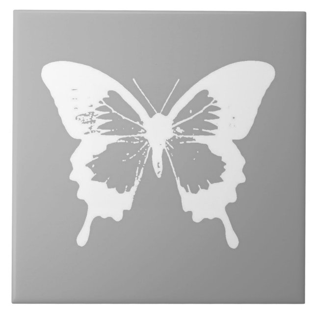 Carreau En Céramique Croquis papillon, gris argenté et blanc (Devant)