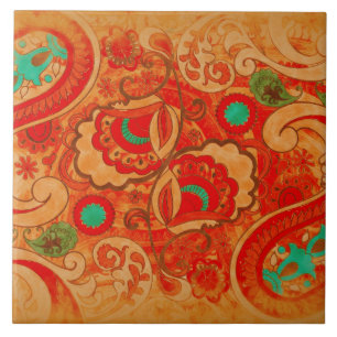 Carreau En Céramique Cru brûlé génial Paisley de turquoise de rouge