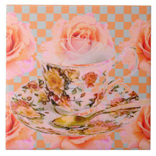CARREAU EN CÉRAMIQUE CUISINE DREAM-THÉ ROSES & GOLD TEACUP