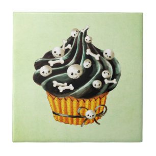 Carreau En Céramique Cupcake d'Halloween noir avec de minuscules crâne