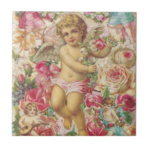 Carreau En Céramique Cupide victorienne et Floral Rose