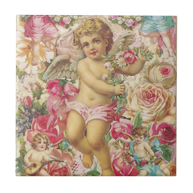 Carreau En Céramique Cupide victorienne et Floral Rose (Devant)