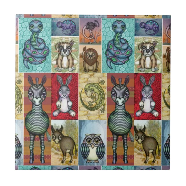 Carreau En Céramique Cute Animal Collage Folk Art Design (Devant)