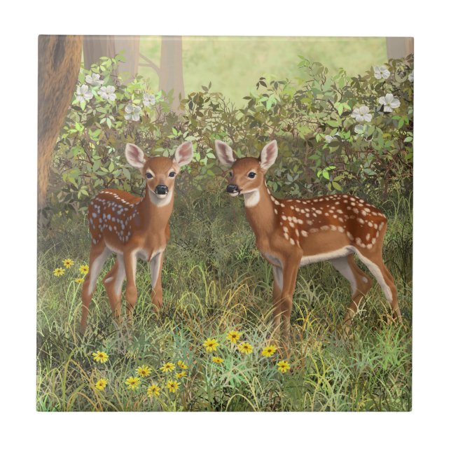 Carreau En Céramique Cute White Deer Twin Fawns (Devant)