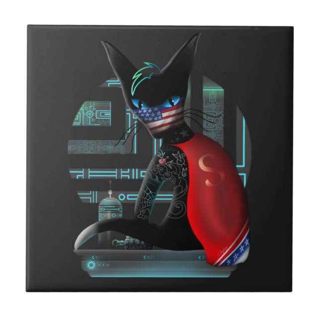 Carreau En Céramique Cyberpunk Ninja Chat noir (Devant)