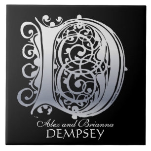 Carreau En Céramique D Monogramme "Dentelle d'argent sur noir" avec Nom