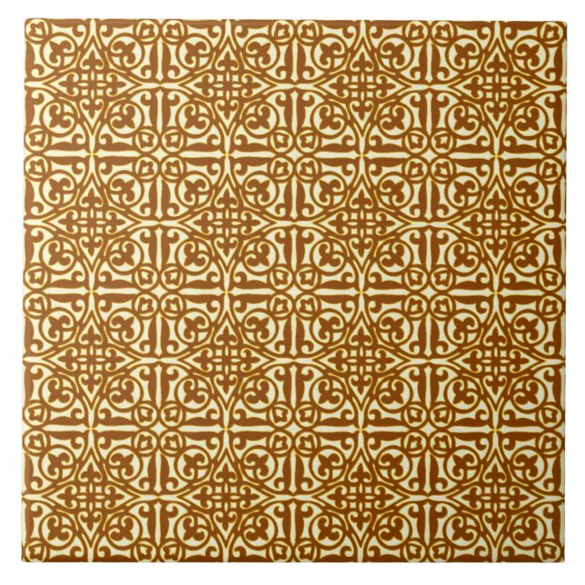 Carreau En Céramique Damas médiéval Fleur de lis, cuivre et crème (Devant)