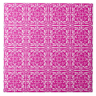 Carreau En Céramique Damas médiéval Fleur de lis, magenta et blanc