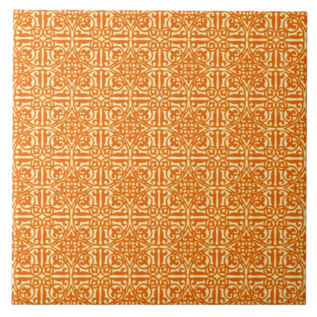 Carreau En Céramique Damas médiéval Fleur-de-lis, mandarine orange (Devant)