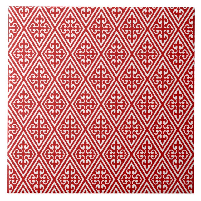 Carreau En Céramique Damas médiéval Fleur de lis, rouge et blanc (Devant)