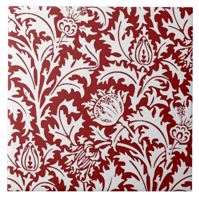 Carreau En Céramique Damassé de chardon de William Morris, rouge foncé (Devant)