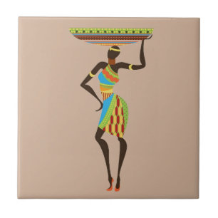 Carreau En Céramique Dame tribale africaine avec l'art tribal corbeille