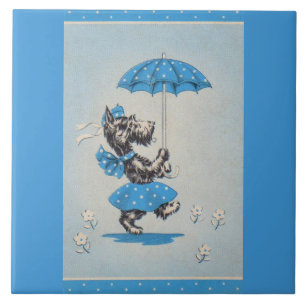 Carreau En Céramique Dames de chien écossaises portant un parapluie