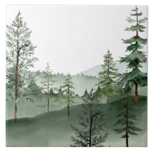 Carreau en céramique d'arbre de forêt aquarelle