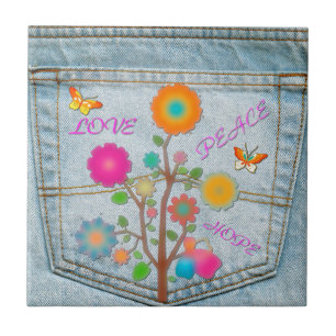 Carreau En Céramique Denim Back Fleurs de poche Paix Aimer Espoir