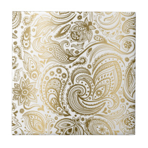Carreau En Céramique Dentelle Florale Blanche Et Or Paisley 3