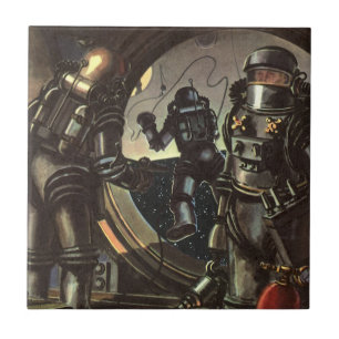 Carreau En Céramique Des astronautes de science-fiction vintages sur un