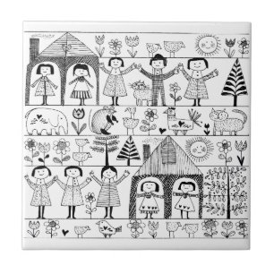 Carreau En Céramique Dessin de l'art populaire de l'enfant des enfants