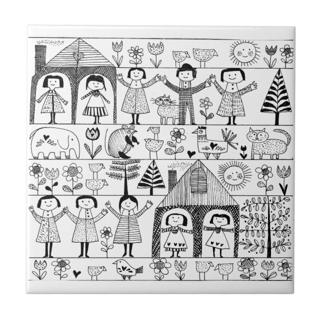 Carreau En Céramique Dessin de l'art populaire de l'enfant des enfants (Devant)