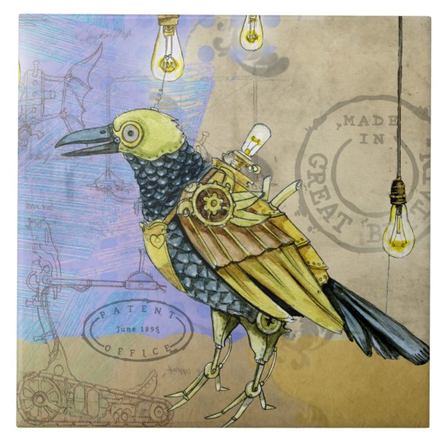 Carreau En Céramique Dessin grunge de Steampunk d'oiseau mécanique (Devant)