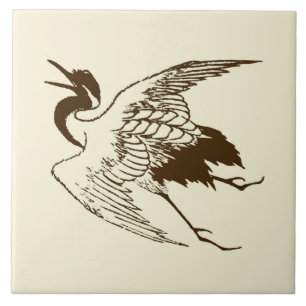 Carreau En Céramique Dessin japonais vintage d'une grue, marron