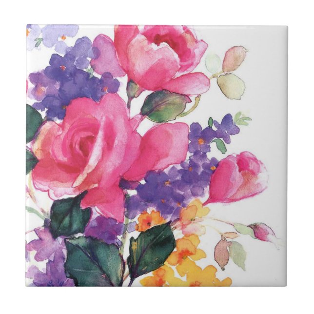 Carreau En Céramique Dessous de verre en céramique d'aquarelle florale (Devant)