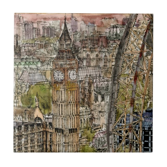 Carreau En Céramique Destinations | Aquarelle Big Ben & London Eye (Devant)