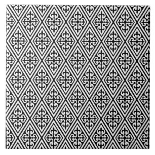 Carreau En Céramique Diamants Damas médiévaux, noir et blanc