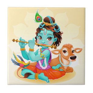 Carreau En Céramique Dieu indien de Krishna jouant l'illustration de