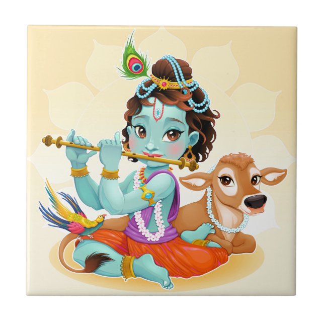Carreau En Céramique Dieu indien de Krishna jouant l'illustration de (Devant)