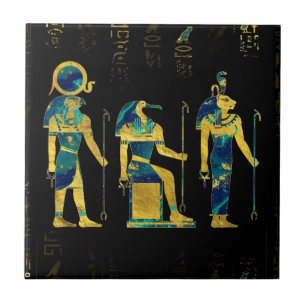 Carreau En Céramique Divinités égyptiennes sur des hiéroglyphes or et