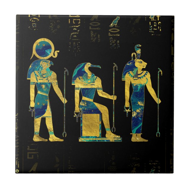 Carreau En Céramique Divinités égyptiennes sur des hiéroglyphes or et (Devant)