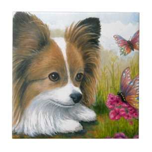 Carreau En Céramique Dog 123 Papillon dog with Butterflies
