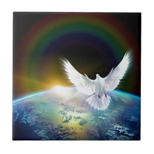 Carreau En Céramique Dove of peace holy spirit over earth with Rainbow.