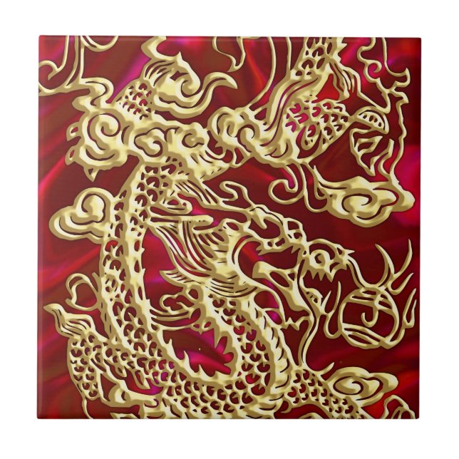 Carreau En Céramique Dragon d'or embouti sur papier satin rouge (Devant)