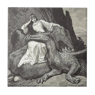 Carreau En Céramique Dragon et jeune fille d'animal familier