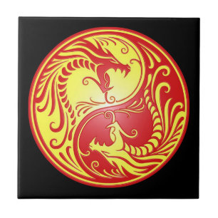 Carreau En Céramique Dragons, rouge et jaune de Yin Yang
