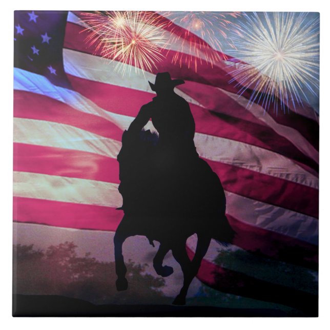 Carreau En Céramique Drapeau américain Cowboy et feux d'artifice (Devant)
